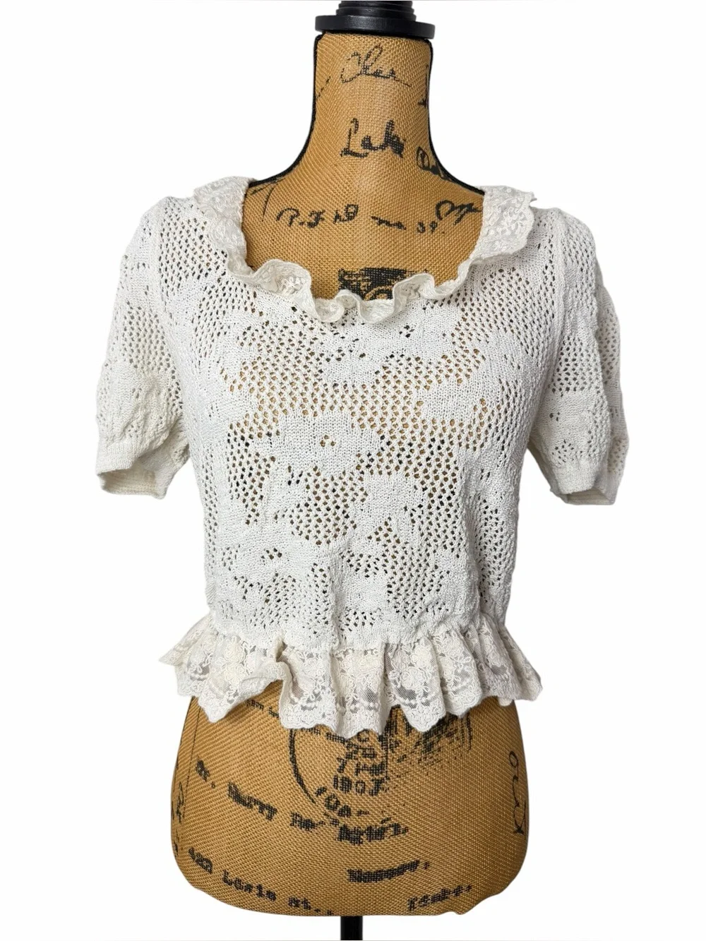 Zara Cream Open Knit Lace Ruffle Peplum Top Large Cottagecore Boho